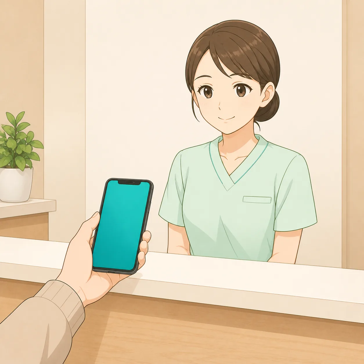 クリニックの受付でスマートフォンの画面を見せている手元