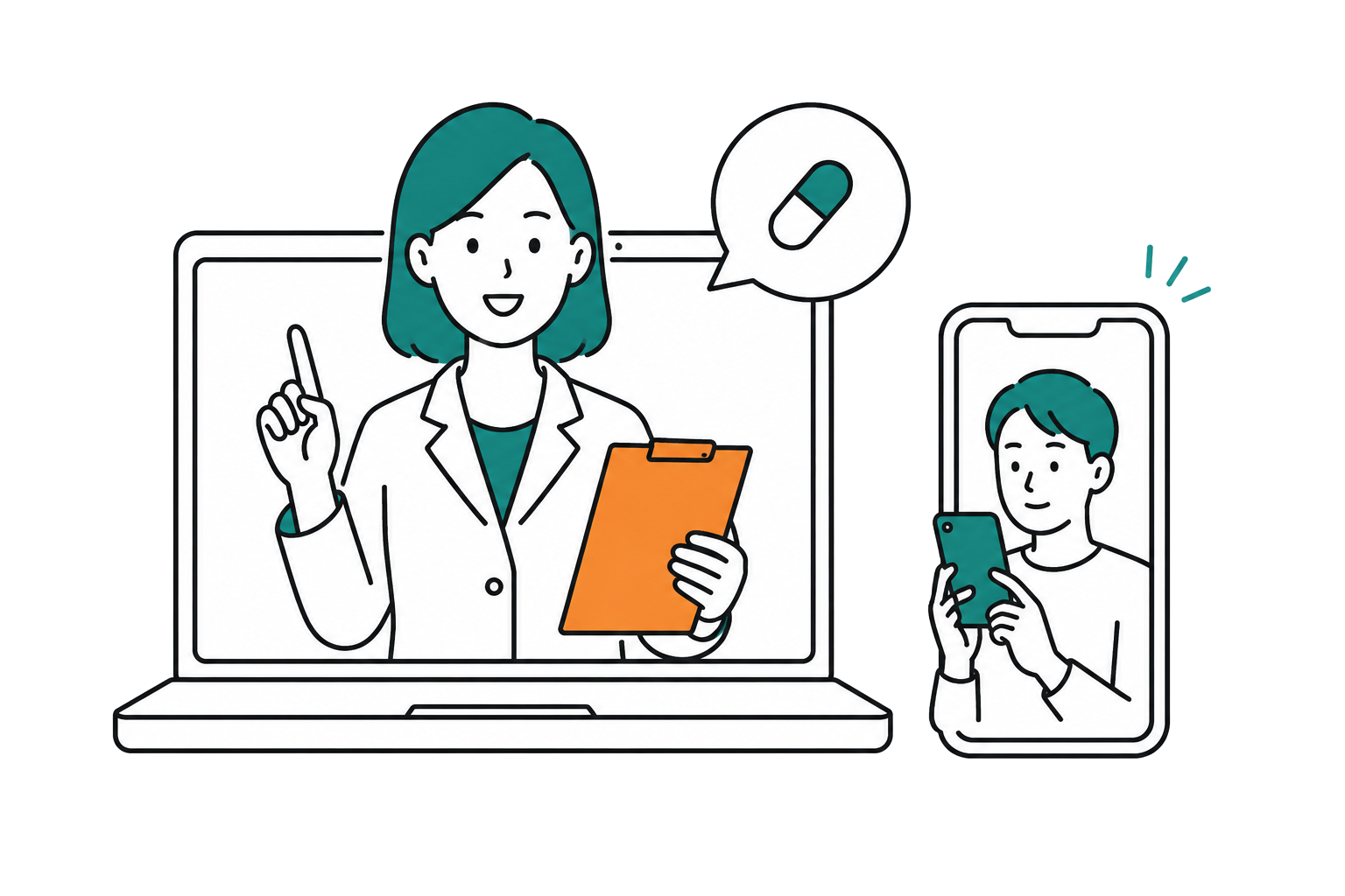 オンライン服薬指導のイメージ。パソコン画面の薬剤師とスマホで相談する患者