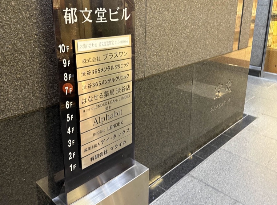 郁文堂ビル館内のフロア案内板。6階に「はなせる薬局 渋谷店」の記載があります。